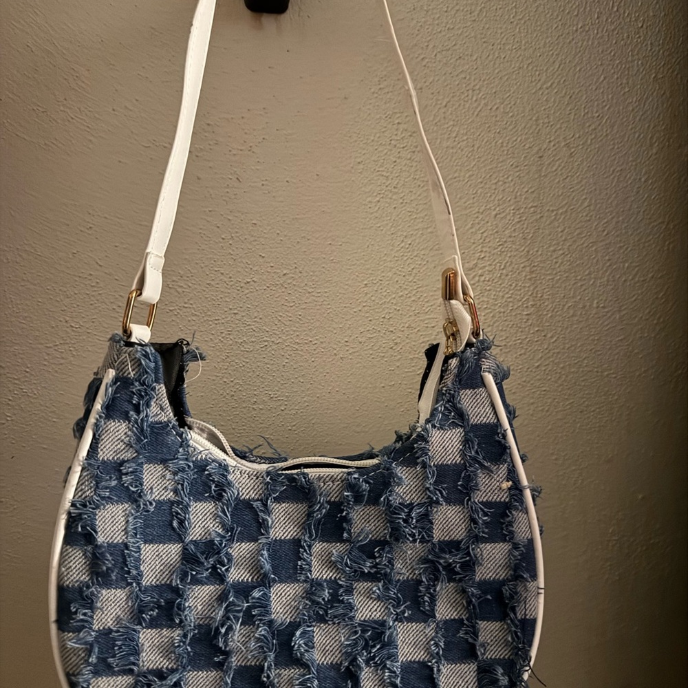 Blue and White Denim Checkered Shoulder Bag